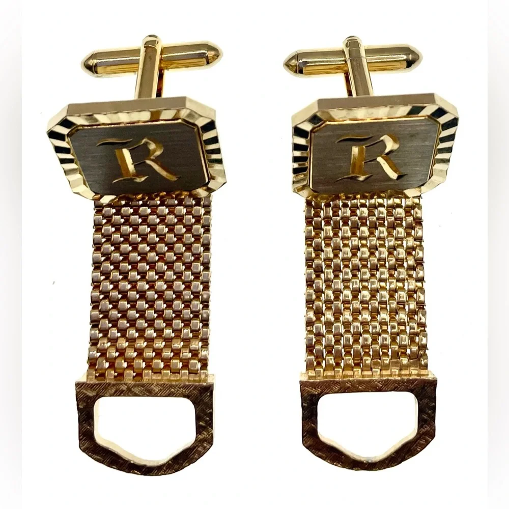 Vintage Cufflinks Wraparound Chain Mesh Monogram R Letter Gold Tone Signed 70s